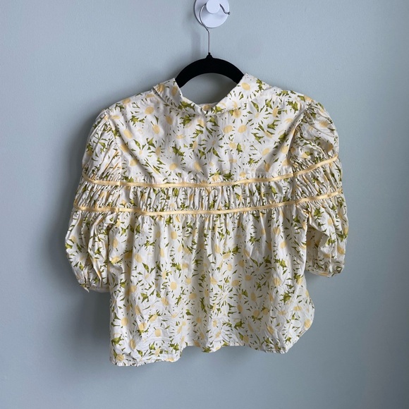 Maeve Anthropologie Leandra Top Yellow Green Floral Blouse Smocked Button Size S - Picture 5 of 8